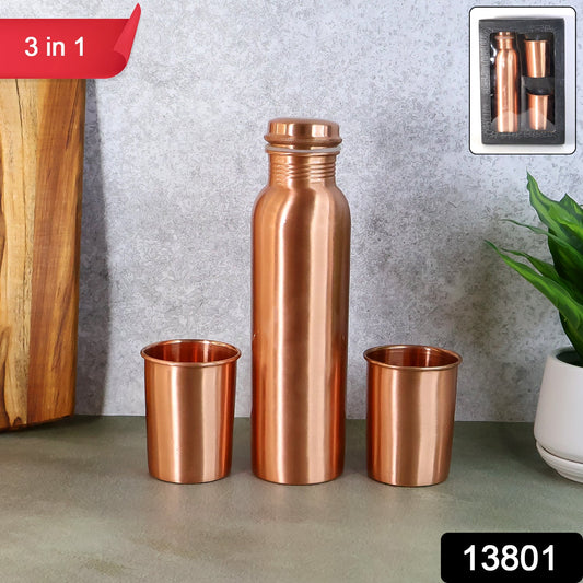 Copper Water Bottle 2 Glasses with Gift Box (3 Pcs Set)