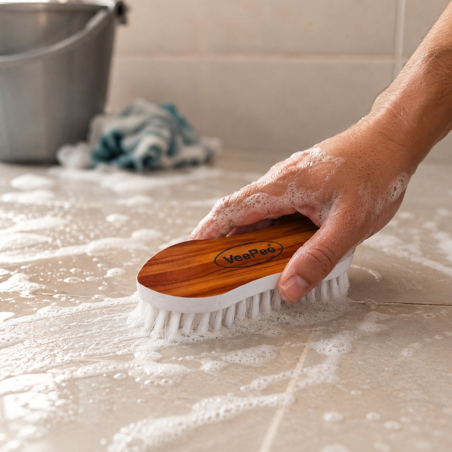 Cloth Washing Brush In Use Cleaning Tiles